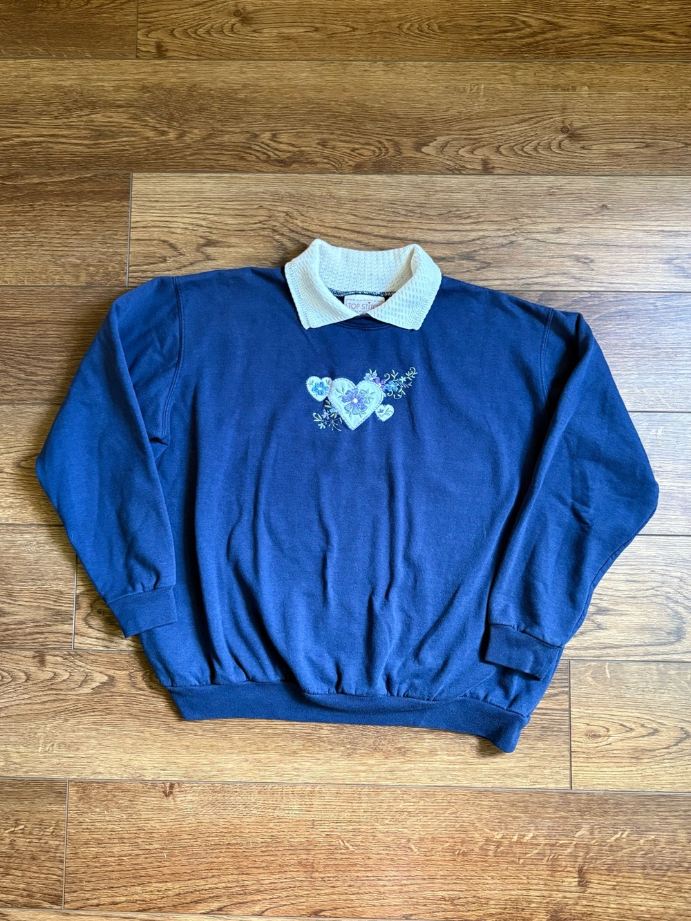 Vintage Top Stitch Floral Grandmacore Knit Collar Sweater Size Petite Medium